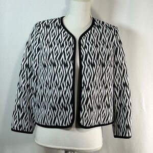 Kasper Women's‎ Black White Geometric Pattern Collarless Open Front Blazer 6P